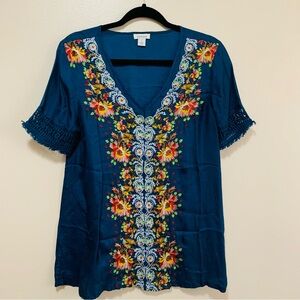 Sundance Teal Blue Embroidered V-Neck Tunic size small